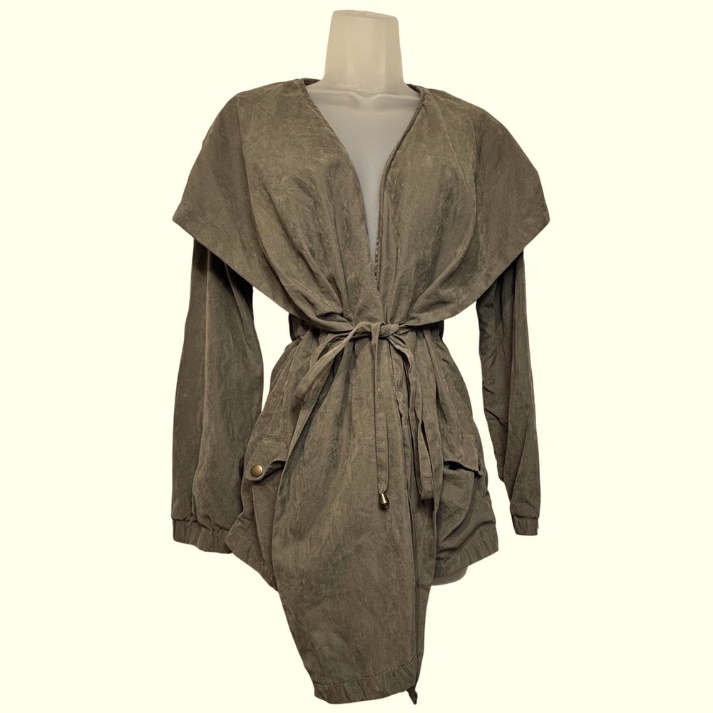 Gorpcore Olive Green Draped Utility Jacket Hooded Drawstring Waist Sz Med Boho